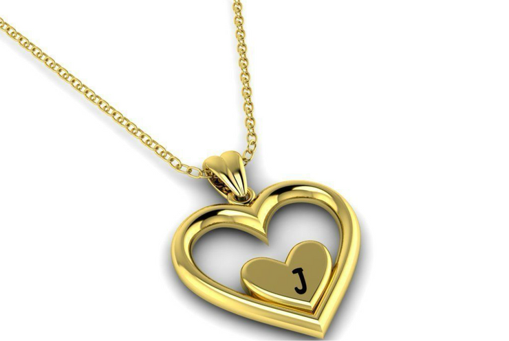 Solid Gold Heart Shaped Initial Pendant with Black Enamel Lettering w/ Gold Bail & Cable Link Chain