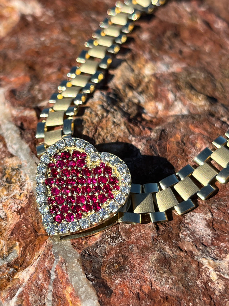 Solid Gold Sliding Heart Pendant w/ White Diamond & Pink Sapphire - Slide on Heart  w/ White Diamond Trimmed Edges and Colored Gemstone Center - Slide On Heart with Rolex Style Link Chain