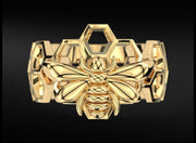 10k 14k 18k Solid Gold Honeycomb Ring with Bee Sculpture Charm