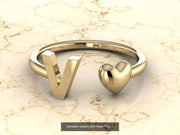 10k Yellow Gold Inital Ring Band With Solid Gold Heart - Gold Heart Ring