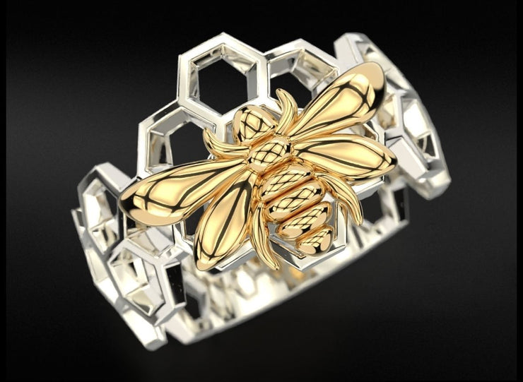 10k 14k 18k Solid Gold Honeycomb Ring with Bee Sculpture Charm