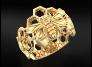 10k 14k 18k Solid Gold Honeycomb Ring with Bee Sculpture Charm