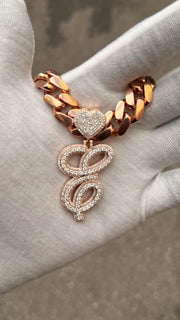 Solid Rose Gold Diamond Initial Pendant w/ White Gold Top Layer -Two Layer Two Tone Solid Gold Diamond Initial Pendants - Diamond Initial Pendant w/ Miami Cuban Link Chain