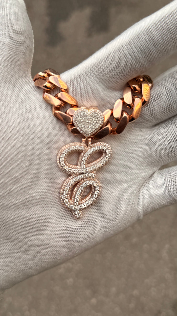 Solid Rose Gold Diamond Initial Pendant w/ White Gold Top Layer -Two Layer Two Tone Solid Gold Diamond Initial Pendants - Diamond Initial Pendant w/ Miami Cuban Link Chain
