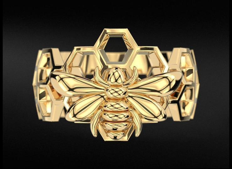 10k 14k 18k Solid Gold Honeycomb Ring with Bee Sculpture Charm