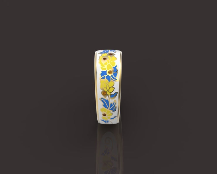 10k 14k 18k Solid Gold Ring with Colored Enamel Flower Pattern