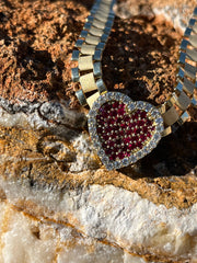 Solid Gold Sliding Heart Pendant w/ White Diamond & Pink Sapphire - Slide on Heart  w/ White Diamond Trimmed Edges and Colored Gemstone Center - Slide On Heart with Rolex Style Link Chain