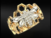10k 14k 18k Solid Gold Honeycomb Ring with Bee Sculpture Charm
