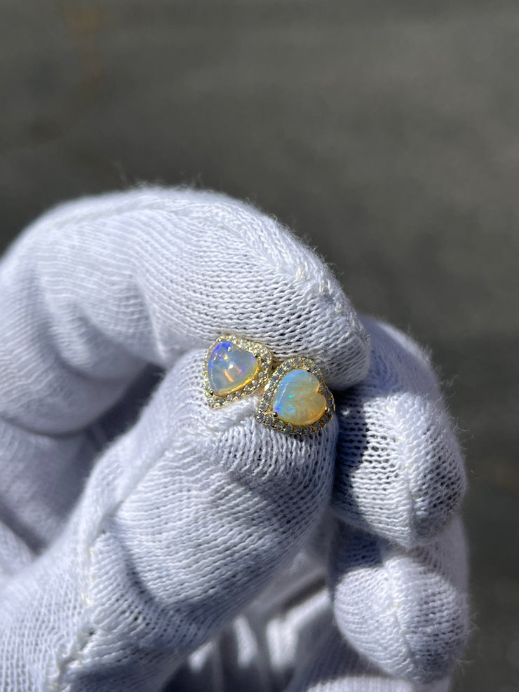 Heart Shaped Opal Stud Earrings w/ Diamond Trimmed Edges - Diamond Trimmed Opals