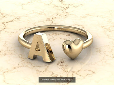 10k Yellow Gold Inital Ring Band With Solid Gold Heart - Gold Heart Ring
