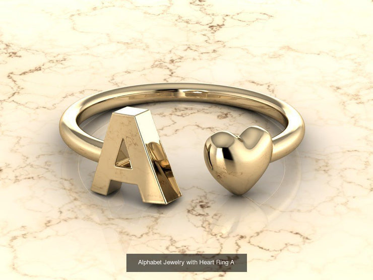 10k Yellow Gold Inital Ring Band With Solid Gold Heart - Gold Heart Ring