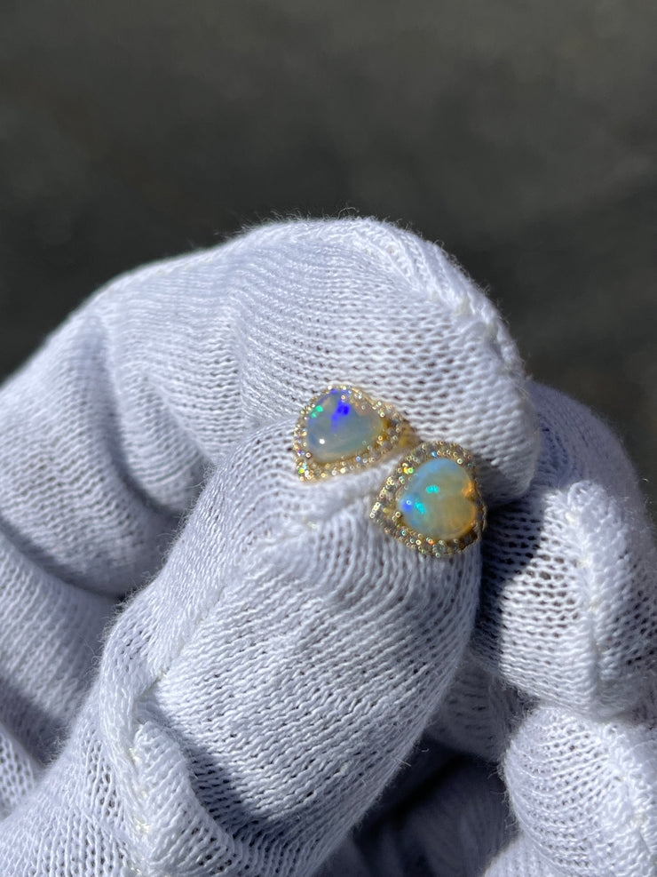 Heart Shaped Opal Stud Earrings w/ Diamond Trimmed Edges - Diamond Trimmed Opals