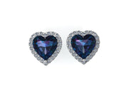 Heart Shaped Blue Sapphire  Stud Earrings w/ Diamond Trimmed Edges