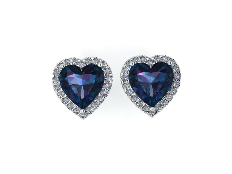 Heart Shaped Blue Sapphire  Stud Earrings w/ Diamond Trimmed Edges