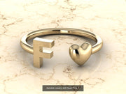 10k Yellow Gold Inital Ring Band With Solid Gold Heart - Gold Heart Ring