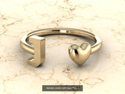 10k Yellow Gold Inital Ring Band With Solid Gold Heart - Gold Heart Ring