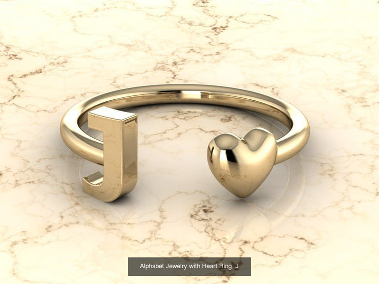 10k Yellow Gold Inital Ring Band With Solid Gold Heart - Gold Heart Ring