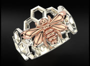 10k 14k 18k Solid Gold Honeycomb Ring with Bee Sculpture Charm