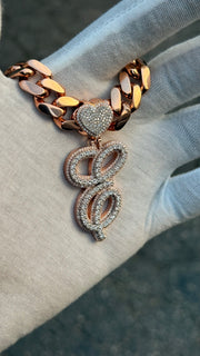 Solid Rose Gold Diamond Initial Pendant w/ White Gold Top Layer -Two Layer Two Tone Solid Gold Diamond Initial Pendants - Diamond Initial Pendant w/ Miami Cuban Link Chain