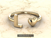 10k Yellow Gold Inital Ring Band With Solid Gold Heart - Gold Heart Ring