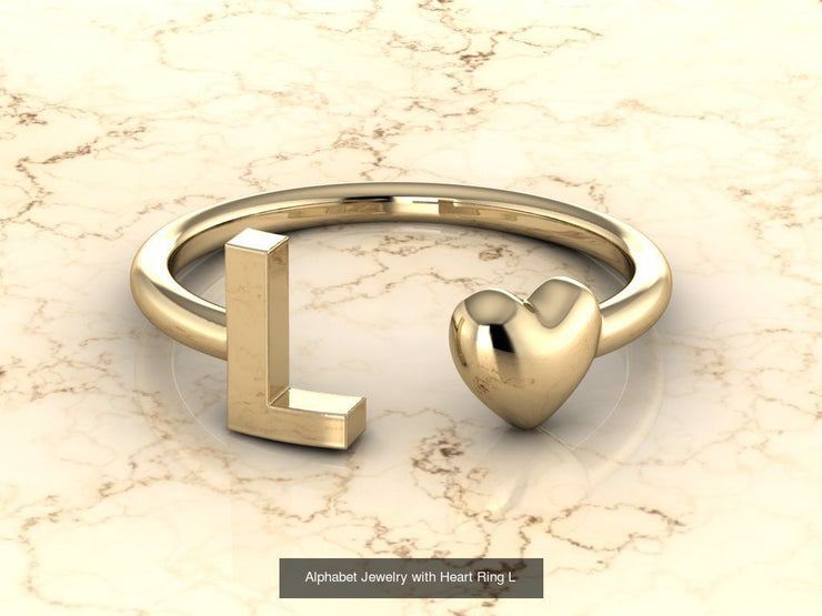 10k Yellow Gold Inital Ring Band With Solid Gold Heart - Gold Heart Ring
