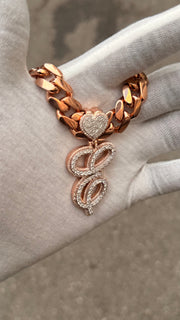 Solid Rose Gold Diamond Initial Pendant w/ White Gold Top Layer -Two Layer Two Tone Solid Gold Diamond Initial Pendants - Diamond Initial Pendant w/ Miami Cuban Link Chain