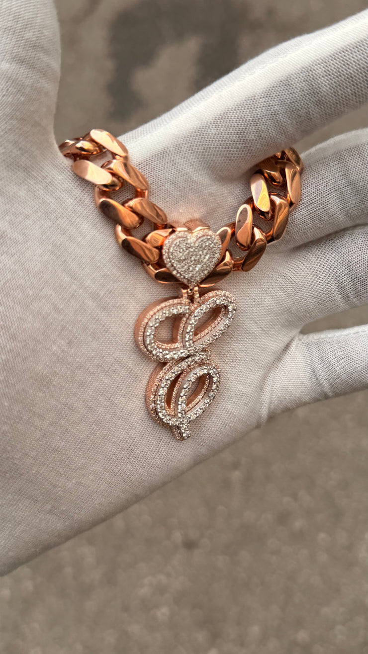 Solid Rose Gold Diamond Initial Pendant w/ White Gold Top Layer -Two Layer Two Tone Solid Gold Diamond Initial Pendants - Diamond Initial Pendant w/ Miami Cuban Link Chain