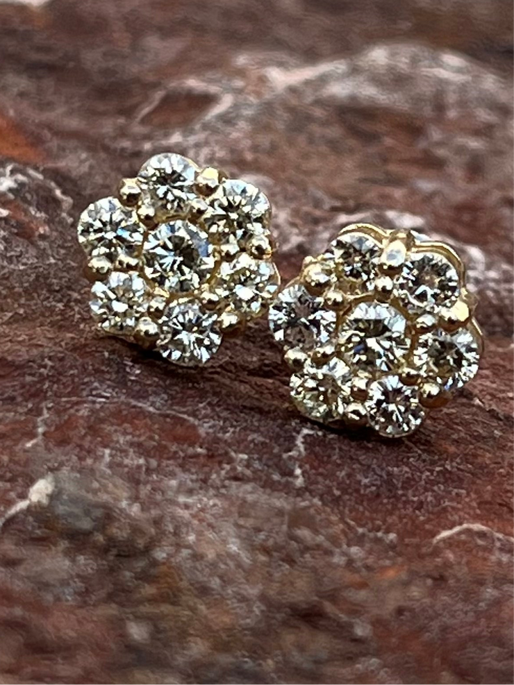 Yellow Gold Diamond Cluster Stud Earrings 10k & 14k Gold Options Available