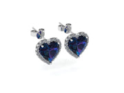 Heart Shaped Blue Sapphire  Stud Earrings w/ Diamond Trimmed Edges