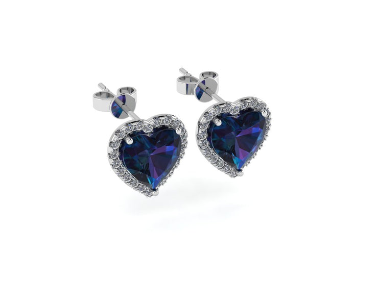 Heart Shaped Blue Sapphire  Stud Earrings w/ Diamond Trimmed Edges