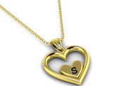 Solid Gold Heart Shaped Initial Pendant with Black Enamel Lettering w/ Gold Bail & Cable Link Chain