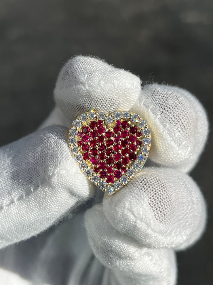 Solid Gold Sliding Heart Pendant w/ White Diamond & Pink Sapphire - Slide on Heart  w/ White Diamond Trimmed Edges and Colored Gemstone Center - Slide On Heart with Rolex Style Link Chain