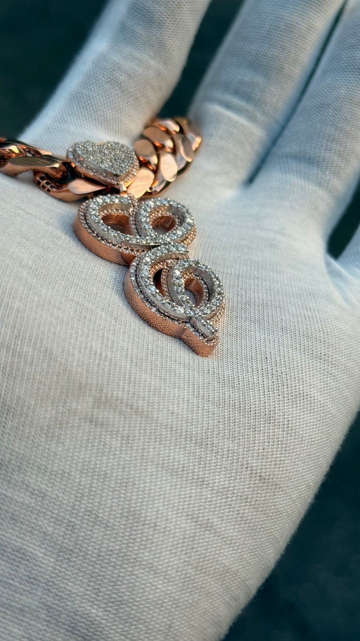 Solid Rose Gold Diamond Initial Pendant w/ White Gold Top Layer -Two Layer Two Tone Solid Gold Diamond Initial Pendants - Diamond Initial Pendant w/ Miami Cuban Link Chain