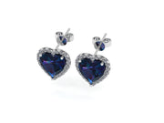 Heart Shaped Blue Sapphire  Stud Earrings w/ Diamond Trimmed Edges