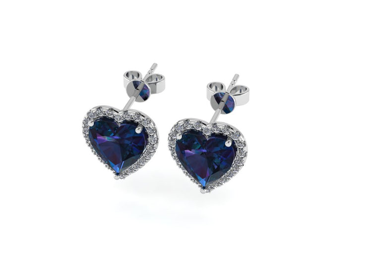 Heart Shaped Blue Sapphire  Stud Earrings w/ Diamond Trimmed Edges