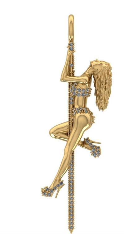 Gold pendant of a woman pole dancing with gemstone details on a white background