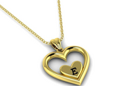 Solid Gold Heart Shaped Initial Pendant with Black Enamel Lettering w/ Gold Bail & Cable Link Chain