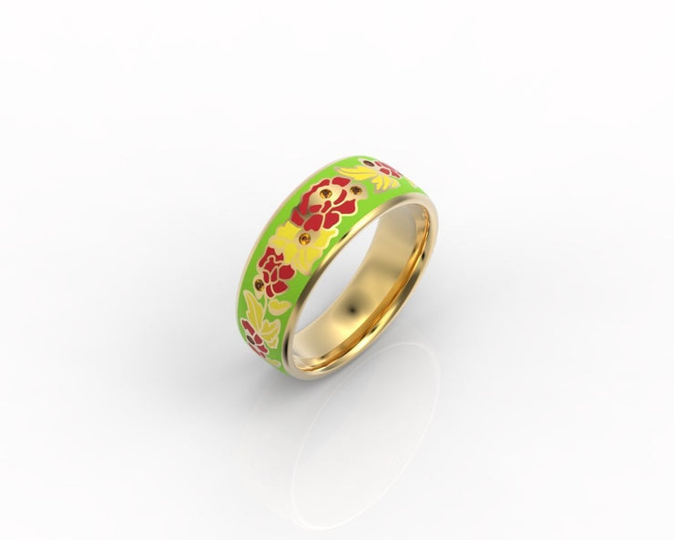 10k 14k 18k Solid Gold Ring with Colored Enamel Flower Pattern