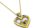 Solid Gold Heart Shaped Initial Pendant with Black Enamel Lettering w/ Gold Bail & Cable Link Chain