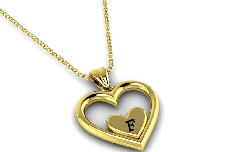 Solid Gold Heart Shaped Initial Pendant with Black Enamel Lettering w/ Gold Bail & Cable Link Chain