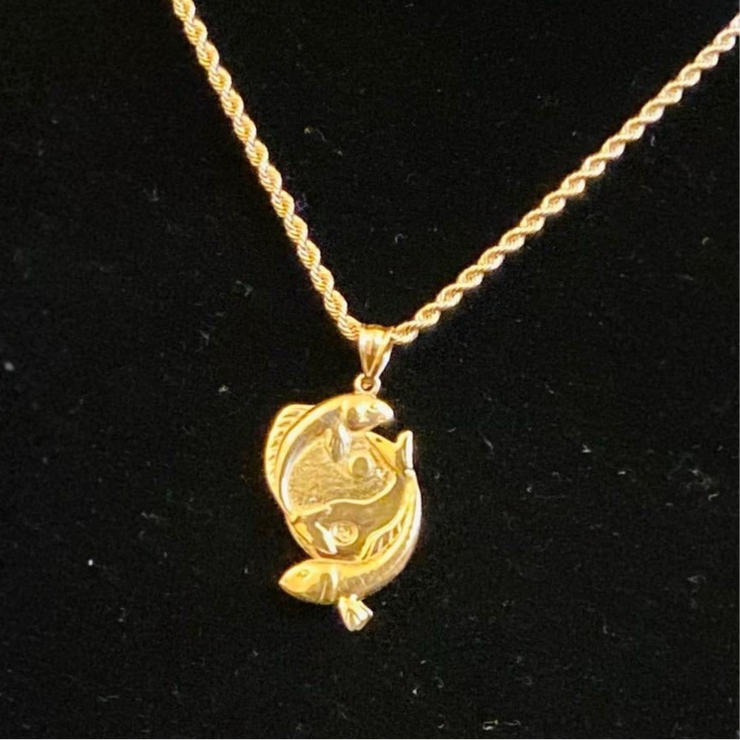 10k 14k Solid Yellow Gold Yin and Yang Pendant w/ Rope Chain - Gold Koi Fish Pendant - Yin and Yang Pendant (Includes 20in Rope Chain)