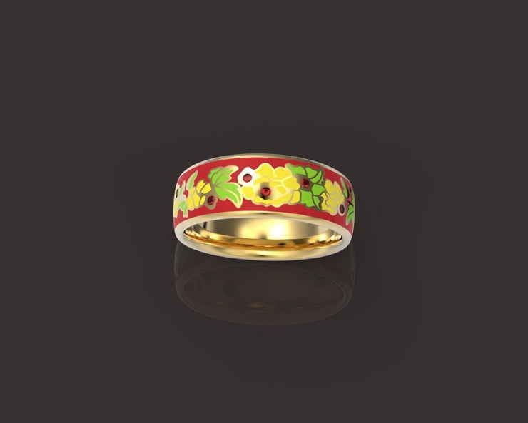 10k 14k 18k Solid Gold Ring with Colored Enamel Flower Pattern