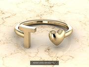 10k Yellow Gold Inital Ring Band With Solid Gold Heart - Gold Heart Ring