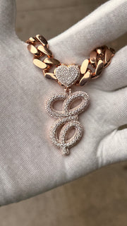 Solid Rose Gold Diamond Initial Pendant w/ White Gold Top Layer -Two Layer Two Tone Solid Gold Diamond Initial Pendants - Diamond Initial Pendant w/ Miami Cuban Link Chain