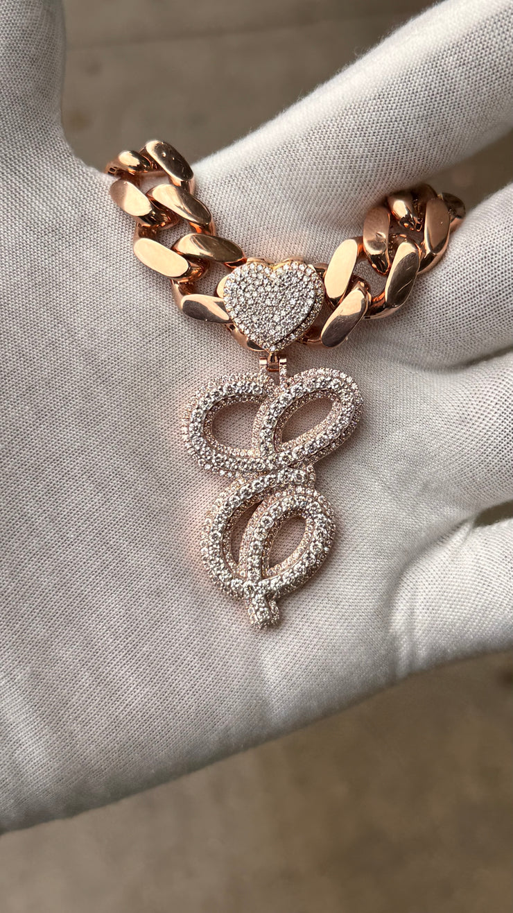 Solid Rose Gold Diamond Initial Pendant w/ White Gold Top Layer -Two Layer Two Tone Solid Gold Diamond Initial Pendants - Diamond Initial Pendant w/ Miami Cuban Link Chain