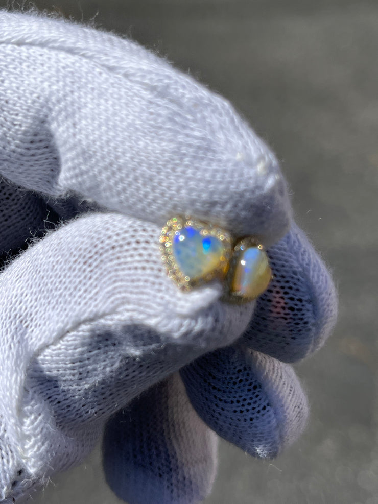 Heart Shaped Opal Stud Earrings w/ Diamond Trimmed Edges - Diamond Trimmed Opals