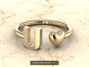 10k Yellow Gold Inital Ring Band With Solid Gold Heart - Gold Heart Ring