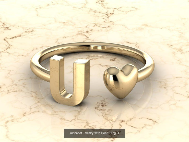 10k Yellow Gold Inital Ring Band With Solid Gold Heart - Gold Heart Ring