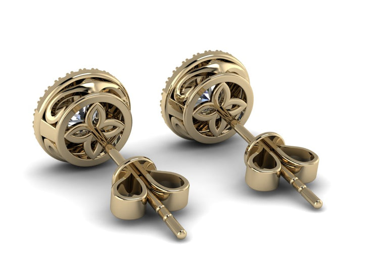 14k Solid Yellow Gold Diamond Trimmed Stud Earrings