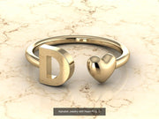 10k Yellow Gold Inital Ring Band With Solid Gold Heart - Gold Heart Ring